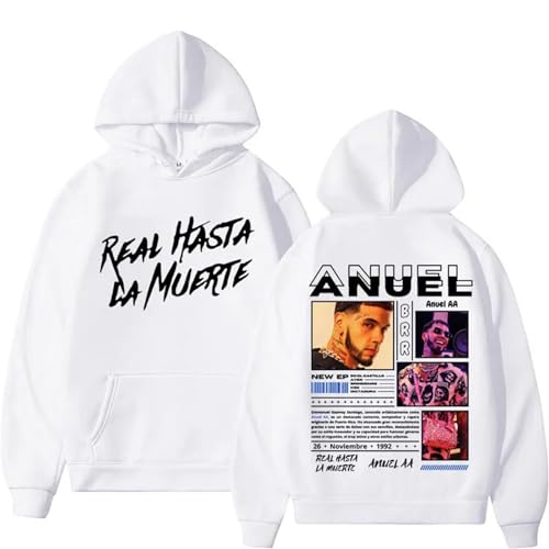 YIOXYOU Anuel Aa Rapper Real Hasta La Muerte Hoodies Männer Frauen Hip Hop Retro Stil Sweatshirt Pullover Harajuku Mode Oversized Kapuze Rundhalsausschnitt Sweatshirt Unterhemd (White,S) von YIOXYOU