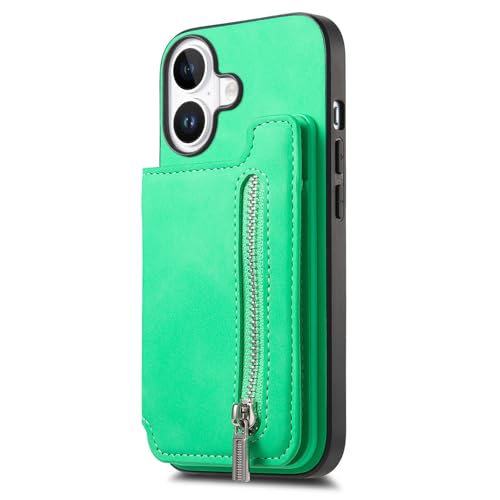 YIQIANJ Lederhülle für iPhone 16 Plus, magnetische Brieftaschen-Hülle, abnehmbarer Kartenschlitz, Ständer, Anti-Fall-Handyhülle, Grün von YIQIANJ