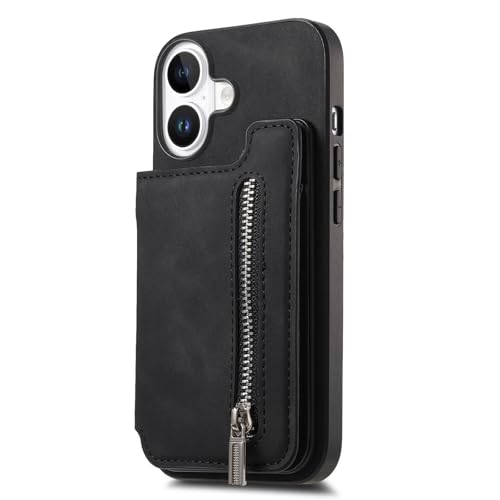 YIQIANJ Lederschutzhülle für iPhone 16, magnetische Brieftasche, abnehmbarer Kartenschlitz, Ständer, Anti-Fall-Handyhülle, Schwarz von YIQIANJ