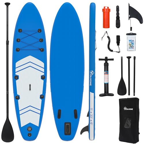 YITAHOME Aufblasbares Stand-Up-Paddle-Board Surfbrett, SUP-Board mit SUP-Zubehör inklusive Rucksack, wasserdichter Tasche, Leine, verstellbarem Paddel, Pumpe, für Jugendliche(335x84x15cm), Blau/Weiß von YITAHOME