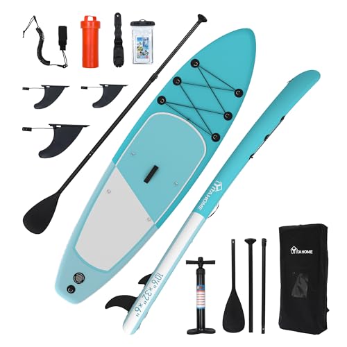 YITAHOME Aufblasbares Stand-Up PaddleBoard Surfbrett, SUP Board mit SUP-Zubehör inklusive Rucksack, wasserdichter Tasche, Leine, verstellbarem Paddel, Pumpe, für Jugendliche 320x81x15 cm, Seeblau/Weiß von YITAHOME