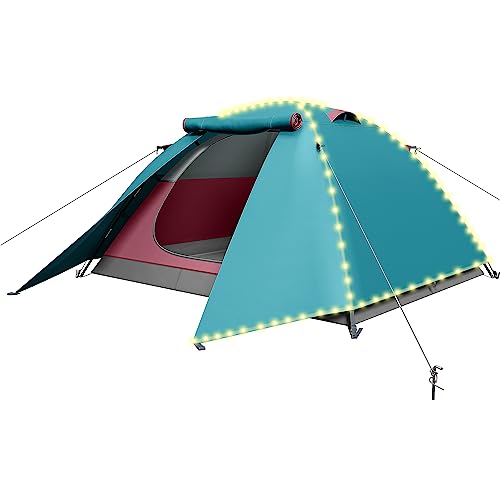 YITAHOME Campingzelt für 3-4 Personen, Wasserdichtes Doppellagiges Rucksack Zelt Zwei Türen Kuppelzelt mit Led Lichter, geeignet für Reisen, Strand, Wandern, Outdoor (Blau) von YITAHOME