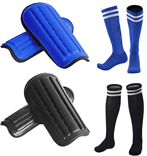 2 Paar Fußball-Schienbeinschoner & 2 Paar Fußballsocken für Erwachsene und Jugendliche, Schutzausrüstung für Kinder, Jungen, Mädchen (kleine Größe, Blau und Schwarz) von YIXIPAZH