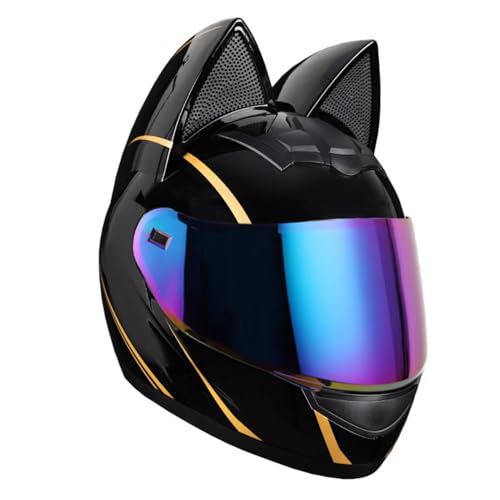 Motorradhelm, ECE-zertifizierter Integralhelm Mit Katzenohren, Integralhelme for Damen Und Herren, Integrierter Motorradhelm, Rollerhelm, Mopedhelm(E,XL=60~62CM) von YIYANGQ