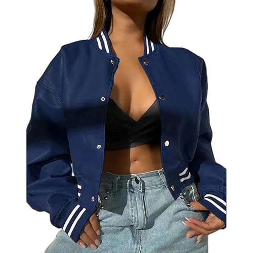 YJHLY Baseball Jacke Damen Casual Langarm Solid Lose Kurze Mäntel Elegante Pu Leder Single Breasted Oberbekleidung Frauen Mode Stand Kragen Jacke Tops-03 Blue-S von YJHLY