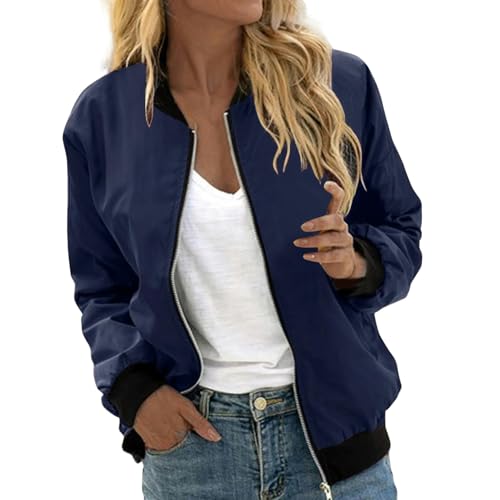 YJHLY Baseball Jacke Damen Frauen Dünne Baseball Bomber Jacke Herbst Langarm Slim Solid Mantel Casual Windbreaker Stand Kragen Zip Up Mode Jacke-Navy-XL von YJHLY