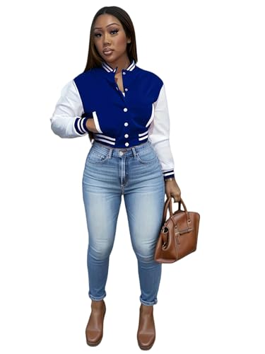 YJHLY Baseball Jacke Damen Frühling Und Herbst Frauen Farbe Passende Jacke Single-Breasted Lettered Baseball Jacket Jacke-Blue-S von YJHLY