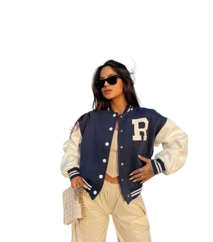 YJHLY Baseball Jacke Damen Herbst Frauen Baseball Jacke Brief Stickerei Drop Schulter Oberbekleidung Vintage Streetwear Mantel Langarm Farbe Kollision Top-Navy Blue-L von YJHLY