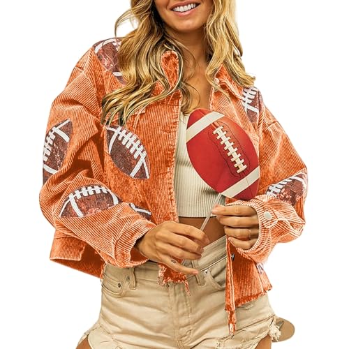 YJHLY Baseball Jacke Damen Womens Casual Jacken Herbst Winter Cord Fußball Pailletten Jacke Baseball Vintage Mantel Tops Vielseitige Jacken-Orange-S von YJHLY