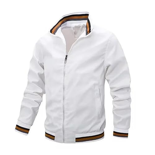 YJHLY Baseball Jacke Herren Frühling Und Herbst Männer Reißverschluss Weiß Sport Baseball Jacke Jugend Seitennaht Insert Tasche Nicht Kapuze Mantel Männer Casual Jacke-White-XL von YJHLY