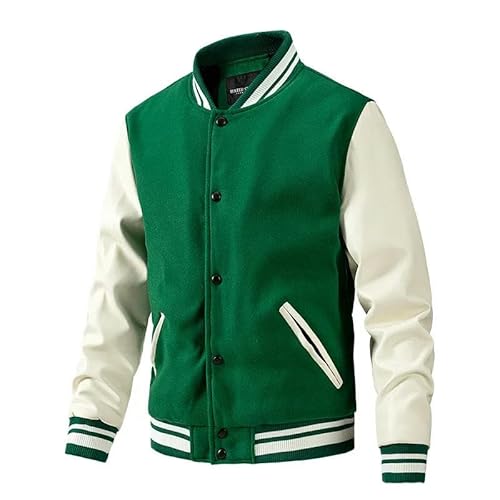 YJHLY Baseball Jacke Herren Klassische Varsity Jacke Herbst Männer Casual Color Block Button Up Jacke Für Frühling Herbst Schule Baseball-Green-L 60-67.5Kg von YJHLY