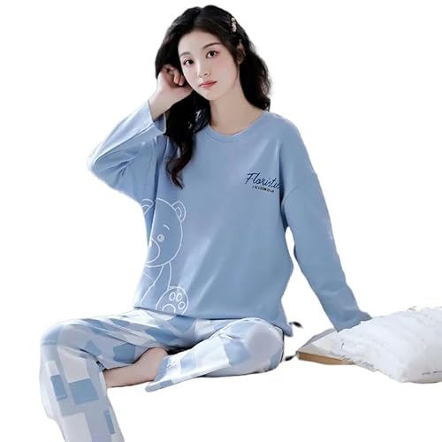 YJHLY Damen Fleece Pyjama Frühling Und Herbst Pyjamas Frauen Herbst Und Winter 2 Stücke Langarm Hosen Set Von Heimbekleidung Damen Pyjamas Se-Blue-L(50-55Kg) von YJHLY