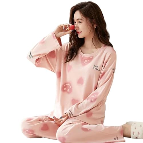 YJHLY Damen Fleece Pyjama Frühling Und Herbst Pyjamas Frauen Herbst Und Winter 2 Stücke Langarm Hosen Set Von Heimbekleidung Damen Pyjamas Se-Pink-XXL(65-75Kg) von YJHLY