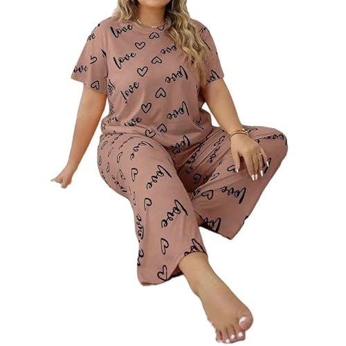 YJHLY Damen Fleece Pyjama Plus Größe Xl-5Xl Frauen Pyjamas Frühling Herbst Winter Kurzarm Home Kleidung Dame Lose Brief Liebe Druck Lounge Set-Khaki-4Xl von YJHLY