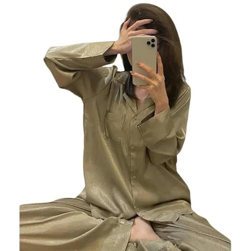 YJHLY Damen Fleece Pyjama Winter Casual Nachtwäsche Frauen Herringbone Muster Jacquard EIS Seide Nachtwäsche Langarm Lose Home Wear 2Pcs/Set-Brown-XXL(60-70Kg) von YJHLY