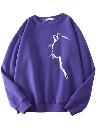 YJHLY Damen Hoodie Einfache Strokes of Cat Pet Print Hoody Damen Schulter Drop All-Match Hoodies Einfache S-XXL Hoodie Street Quality Kleidung Weiblich-Purple-XXL von YJHLY