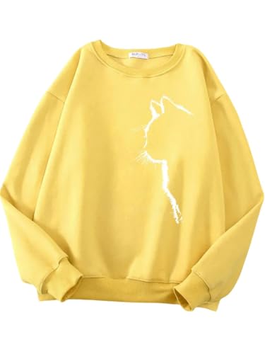 YJHLY Damen Hoodie Einfache Strokes of Cat Pet Print Hoody Damen Schulter Drop All-Match Hoodies Einfache S-XXL Hoodie Street Quality Kleidung Weiblich-Yellow-XXL von YJHLY