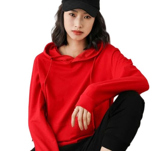 YJHLY Damen Hoodie Frauen Hoodies Baumwolle Frühling Herbst Lose Langarm Pullover Solid Casual Damen Oberbekleidung Kapuze Hoodie Womens Kleidung-Red-XL (60-70) Kg von YJHLY