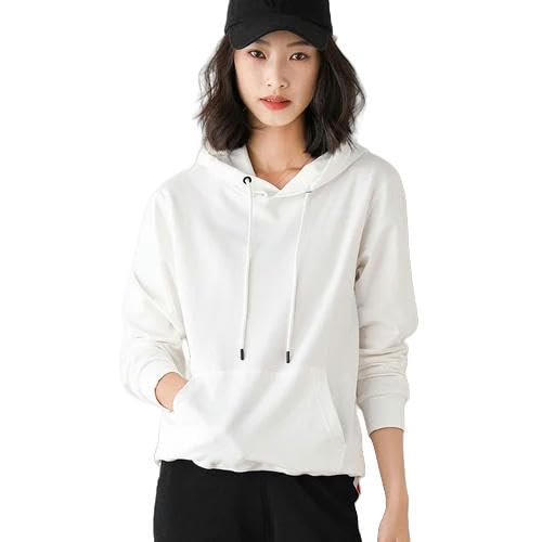 YJHLY Damen Hoodie Frauen Hoodies Baumwolle Frühling Herbst Lose Langarm Pullover Solid Casual Damen Oberbekleidung Kapuze Hoodie Womens Kleidung-White-XL (60-70) Kg von YJHLY