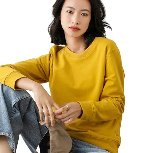 YJHLY Damen Hoodie Frauen Sweatshirt Frühling Herbst Multi-Farben Mode O-Ausschnitt Baumwolle Lose Damen Sweatshirts Vintage Solid Pullover-Yellow-XL (55-63) Kg von YJHLY