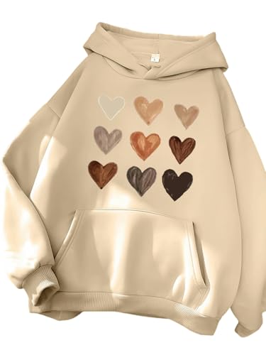 YJHLY Damen Hoodie Herz Print Sweatshirt Für Frauen Winter Soft Casual Lose Warme Frauen Hoodies Fleece Damen Kleidung-Khaki-L von YJHLY