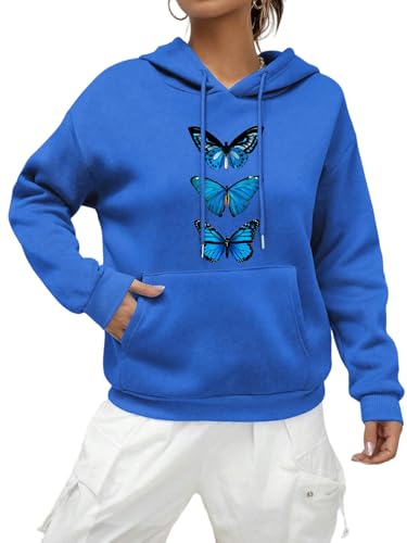 YJHLY Damen Hoodie Kreative Schmetterling Muster Design Print Frauen Hoodie Street Casual Sweatshirt Mode Fleece Kapuze Tasche Bequeme Weibliche Tops-Blue-L von YJHLY