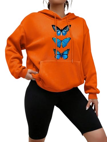 YJHLY Damen Hoodie Kreative Schmetterling Muster Design Print Frauen Hoodie Street Casual Sweatshirt Mode Fleece Kapuze Tasche Bequeme Weibliche Tops-Orange-S von YJHLY