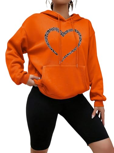 YJHLY Damen Hoodie Leopard Print Herz Gedruckte Kleidung Frauen Vintage Tasche Streetwear Hip Hop Herbst Hoodies All-Match Bequeme Weibliche Pullover-Orange-L von YJHLY