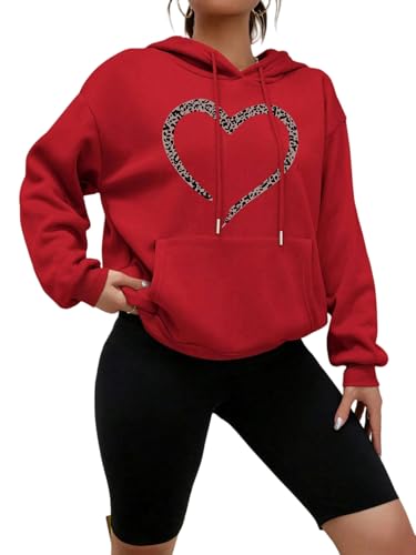 YJHLY Damen Hoodie Leopard Print Herz Gedruckte Kleidung Frauen Vintage Tasche Streetwear Hip Hop Herbst Hoodies All-Match Bequeme Weibliche Pullover-Red-S von YJHLY