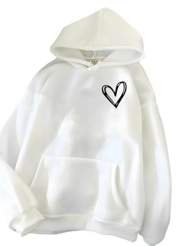 YJHLY Damen Hoodie Simplic Herz Print Frauen Sweatshirt Weiche Casual Lose Vintage Weibliche Hoodies Winter Warme Fleece Student Tops-White-L von YJHLY