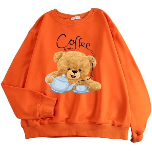 YJHLY Damen Hoodie Street Casual Womens Sweatshirt Coffee Break Hoodies Lose Weiche Pullover Rundhalsausschnitt Fleece Kleidung-Orange-L von YJHLY