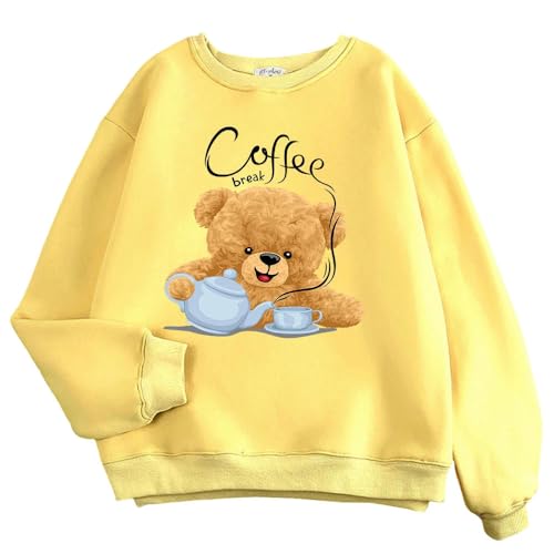 YJHLY Damen Hoodie Street Casual Womens Sweatshirt Coffee Break Hoodies Lose Weiche Pullover Rundhalsausschnitt Fleece Kleidung-Yellow -S von YJHLY