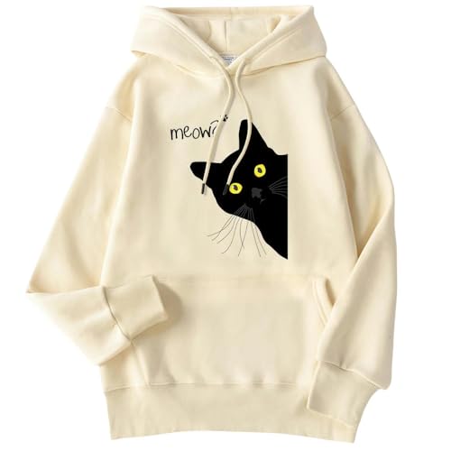 YJHLY Damen Hoodie Winter Frauen Hoodie Schwarze Katze Gedruckt Pullover Tasche Drop Ärmel Kapuze Atmungsaktive Lose Sweatshirts Damen Kleidung-Beige-S von YJHLY