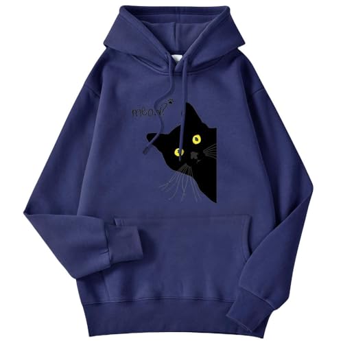 YJHLY Damen Hoodie Winter Frauen Hoodie Schwarze Katze Gedruckt Pullover Tasche Drop Ärmel Kapuze Atmungsaktive Lose Sweatshirts Damen Kleidung-Dark Blue-L von YJHLY