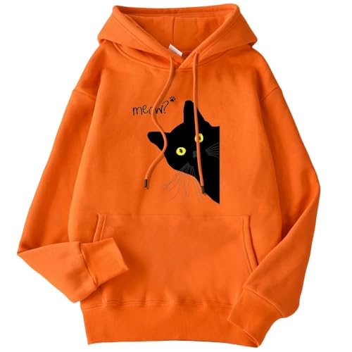 YJHLY Damen Hoodie Winter Frauen Hoodie Schwarze Katze Gedruckt Pullover Tasche Drop Ärmel Kapuze Atmungsaktive Lose Sweatshirts Damen Kleidung-Orange-XL von YJHLY