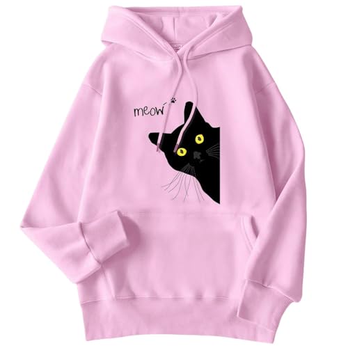 YJHLY Damen Hoodie Winter Frauen Hoodie Schwarze Katze Gedruckt Pullover Tasche Drop Ärmel Kapuze Atmungsaktive Lose Sweatshirts Damen Kleidung-Pink-XL von YJHLY