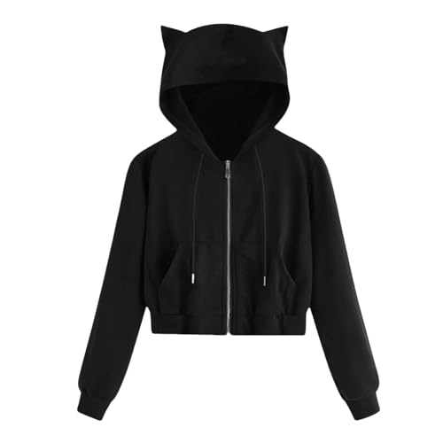 YJHLY Damen Hoodie Zip Up Cropped Hoodies Trainingsanzug Sweatshirts Für Teen Mädchen Katze Ohr Jacken Tasche Kordelzug Hoody-Black-M von YJHLY