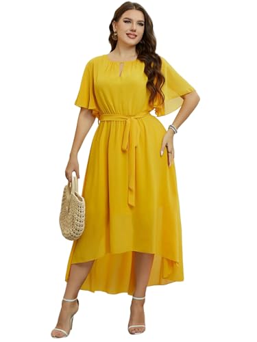 YJHLY Frauen Kleid Chiffon -Partykleider Für Frauen Plus Größe Sommer Solid Color Casual Boho Strandkleid Rüsche Kurzarm Gürtelpackungskleid-Yellow-XXL von YJHLY