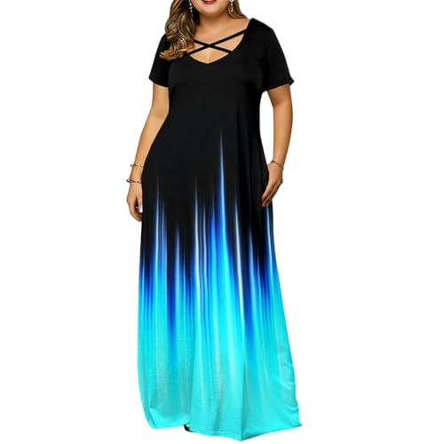 YJHLY Frauen Kleid Frauen Elegant Plus Size Gradient Long Dress Taschen Sommer Kurzarm V-Ausschnitt Lose Taille T-Shirt Kleid Damen Cocktailkleid-Black-XXL von YJHLY