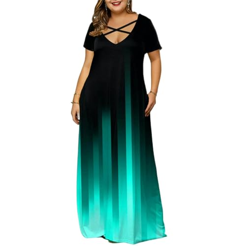 YJHLY Frauen Kleid Frauen Elegant Plus Size Gradient Long Dress Taschen Sommer Kurzarm V-Ausschnitt Lose Taille T-Shirt Kleid Damen Cocktailkleid-Green-XXL von YJHLY