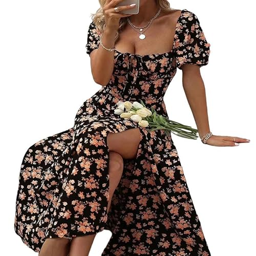 YJHLY Frauen Kleid Frauenkleidung Kleines Frisches Florales, Schlankes Fit -Schlitz -Camisolkleid-Black-S von YJHLY