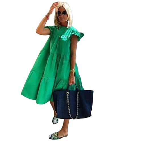 YJHLY Frauen Kleid Kleid Swing Kleid Grafik Einfach Rüschen Crew Hals Midzress Grundlegend Romantische Tägliche Feiertag Kurzarm Lose Fit Black Whitepink-Green-L von YJHLY