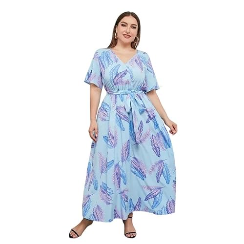 YJHLY Frauen Kleid Plus Größe Übergroße Lose V-Ausschnitt-Kleid Für Frauen Mit Elastischer Taille Kurzärmelig Bedruckt-Sky Blue-XL von YJHLY