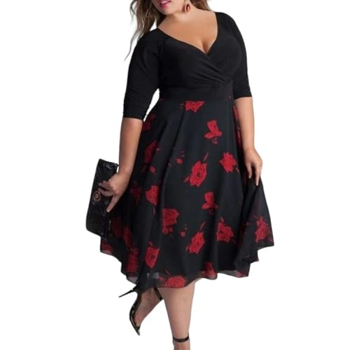 YJHLY Frauen Kleid Plus Size Blumenkleid Frau Sommer Übergröße Elegantes Kurzarmes Lässiges Kleid Mit Großer Größe Weiblicher Vintage Beach Feiertagskleid-B-5Xl von YJHLY