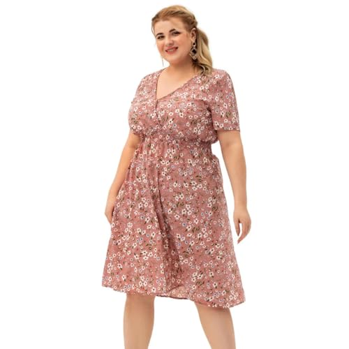 YJHLY Frauen Kleid Plus Size V Hals Kurzärmelig Blumendruck Lässige Midi -Kleider Für Frauen-Pink-XXL von YJHLY