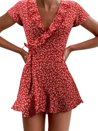 YJHLY Frauen Kleid Sommer Frauen Floal A-Line-Kleid Süße Elegante Blumenrauen V-Ausschnitt Verband Kurzes Kleid Für Lady Chic Flowers Mini Kleid-Red-S von YJHLY