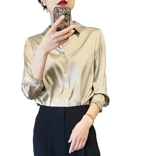 YJHLY Hemd Damen All-Match Satin Finish Shirts Und Blusen Frauen Kleidung Casual Top Langarm Knopf Elegante Shirts Solide Blusen-Beige-M von YJHLY