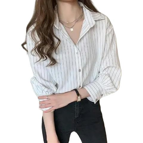 YJHLY Hemd Damen Commute Gestreiftes Hemd Damenbekleidung Button Up Langarm Turn-Down Kragen Cardigan Mäntel Frühling Herbst Kontrast Farbe Tops-White-XL von YJHLY