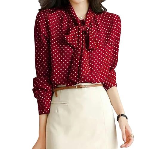 YJHLY Hemd Damen Polka Dot Shirt Tops Damenmode Grün Schnürung Bogen Langarm Dünne Knopf Cardigan Temperament Elegante Frühling Herbst Kleidung-Red-XXL von YJHLY