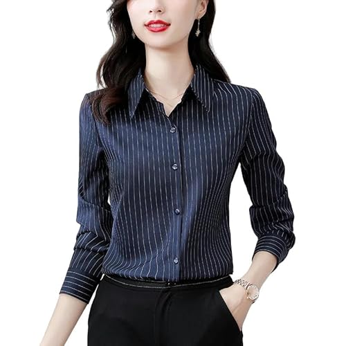 YJHLY Hemd Damen Vertical Gestreifte Hemden Frauen Lange Ärmel Büro Shirt Weibliche Slim Frauen Tops Und Blusen-Blue-XL von YJHLY